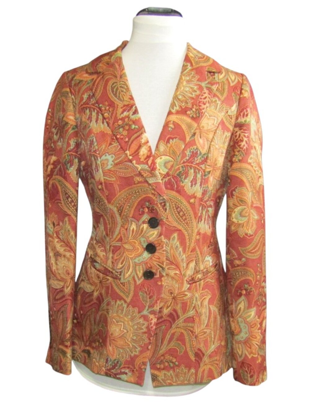J Peterman Terracotta Paisley Floral Tapestry Jacket Womens 2 Blazer Silk Linen